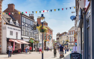 Town Centre with bunting, Ye Olde Pork Pie Shoppe in view