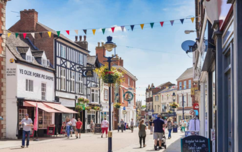 Town Centre with bunting, Ye Olde Pork Pie Shoppe in view